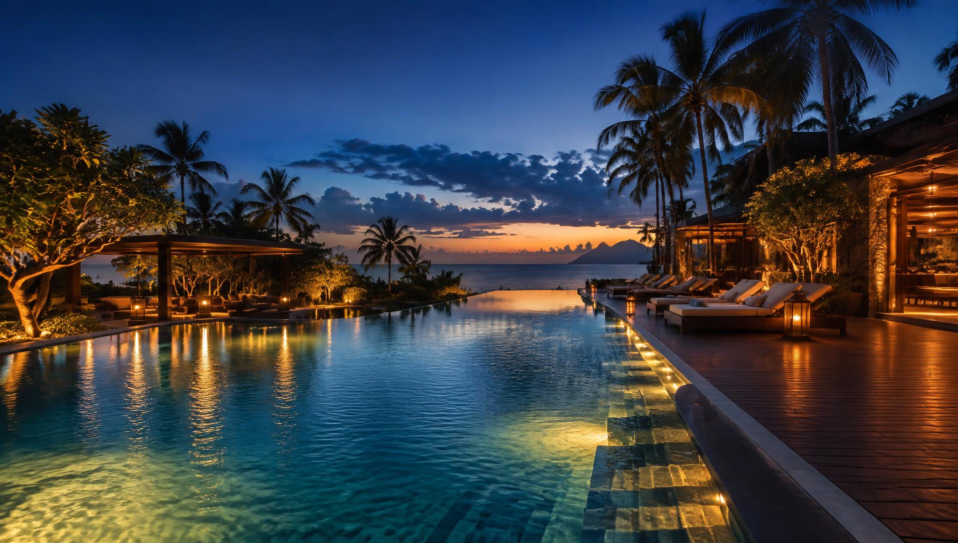 Luxury resort at twilight, where personal hospitality meets modern technology