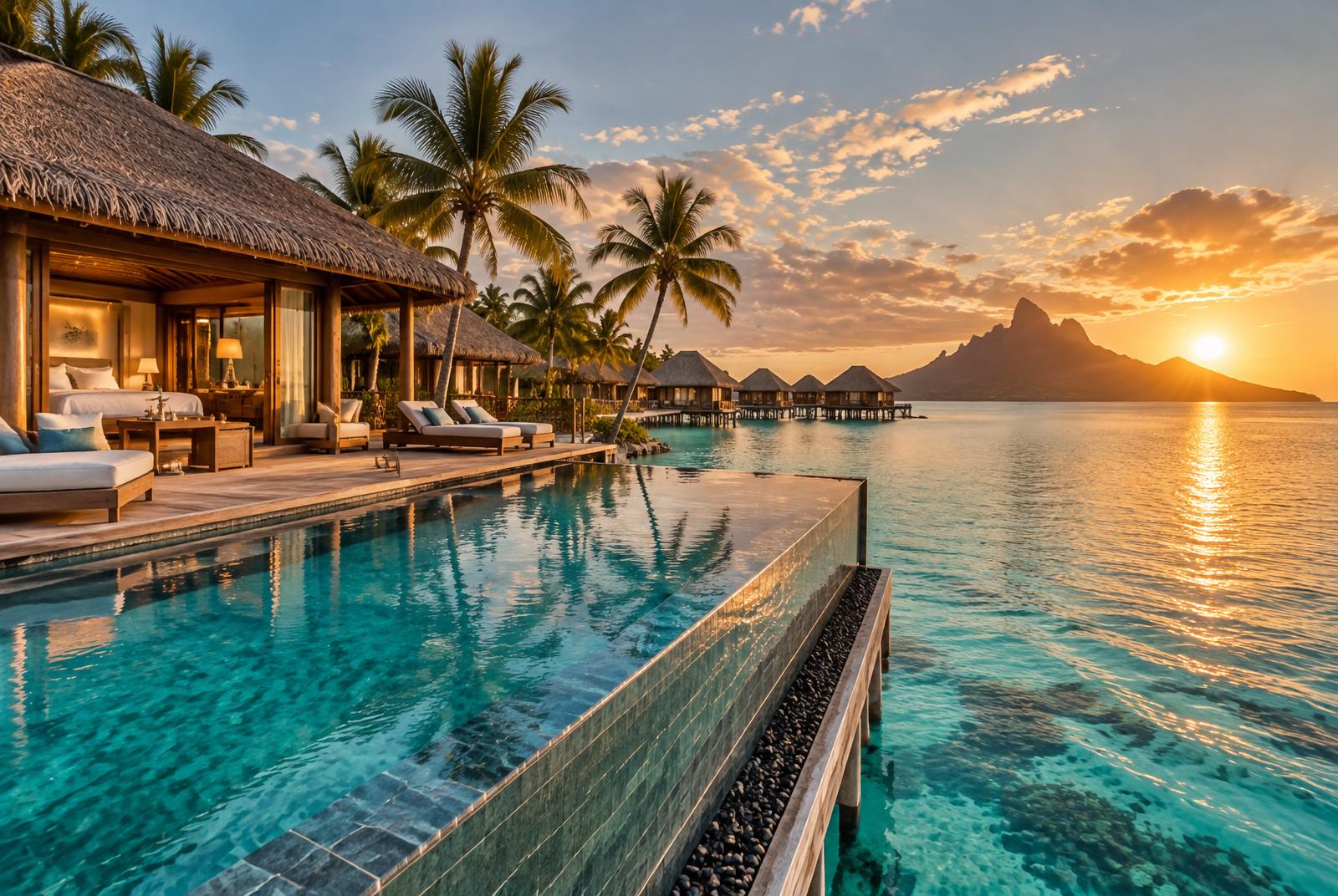Overwater luxury villas at sunset